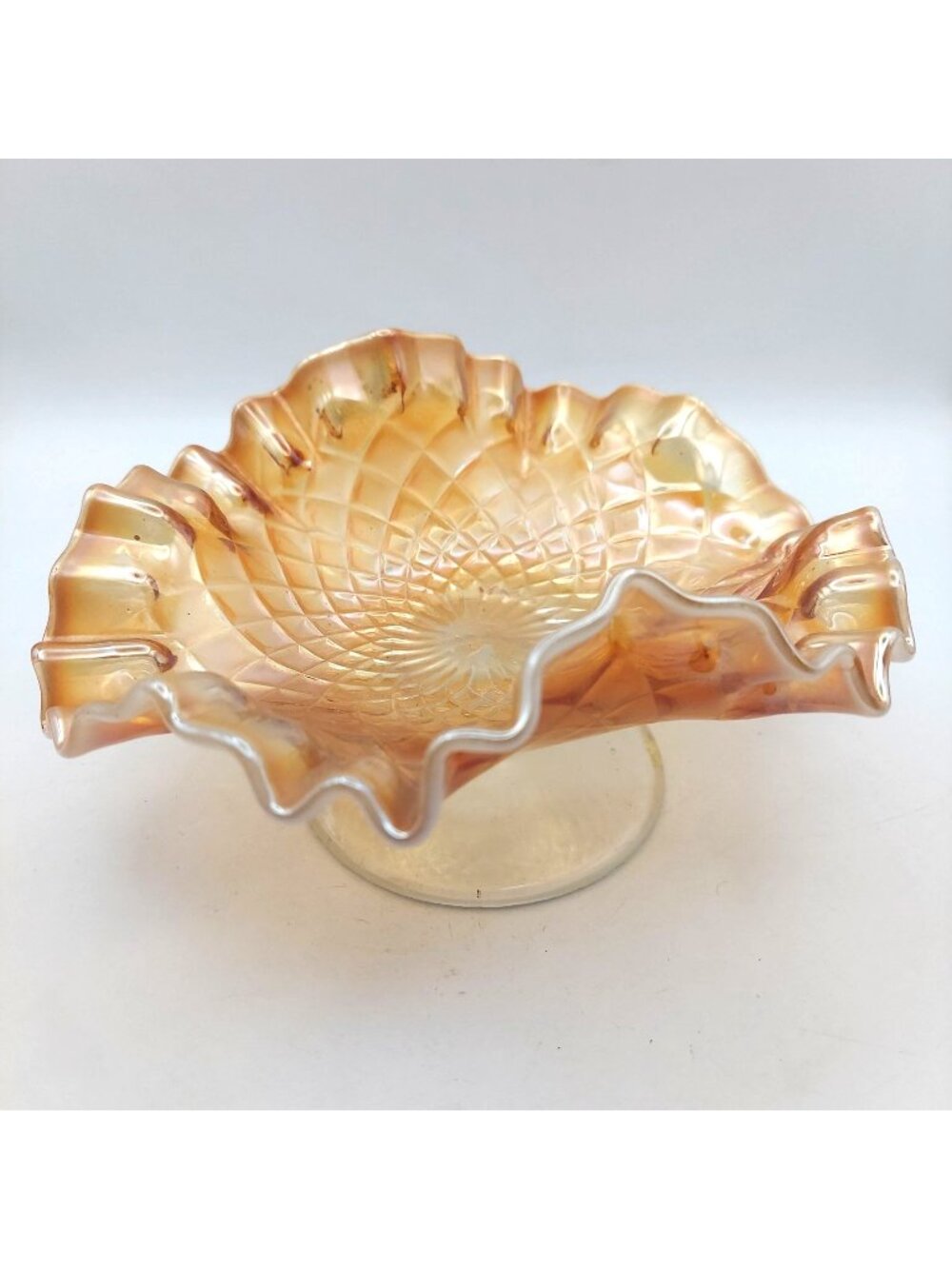 Dugan Carnival Glass Compote Marigold Opalescent Folding Fan Ruffled Antique